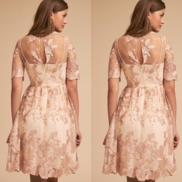 NWT Adrianna Papell x BHLDN Nadine Illusion Embroidered Lace Dress in Blush Gold - Picture 2 of 9